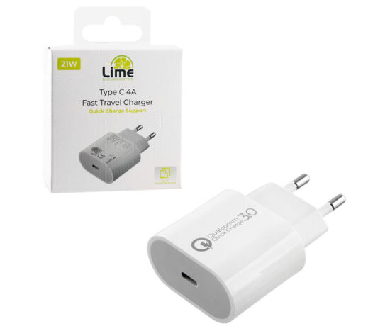 Lime Φορτιστής Πρίζας Ταχείας Φόρτισης USB Type-C 4A Quick Charge 3.0